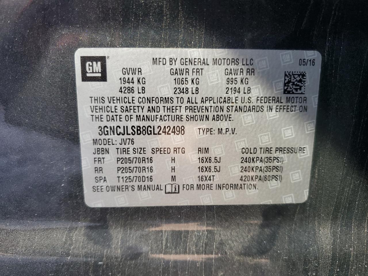 2016 Chevrolet Trax 1Lt VIN: 3GNCJLSB8GL242498 Lot: 91943215