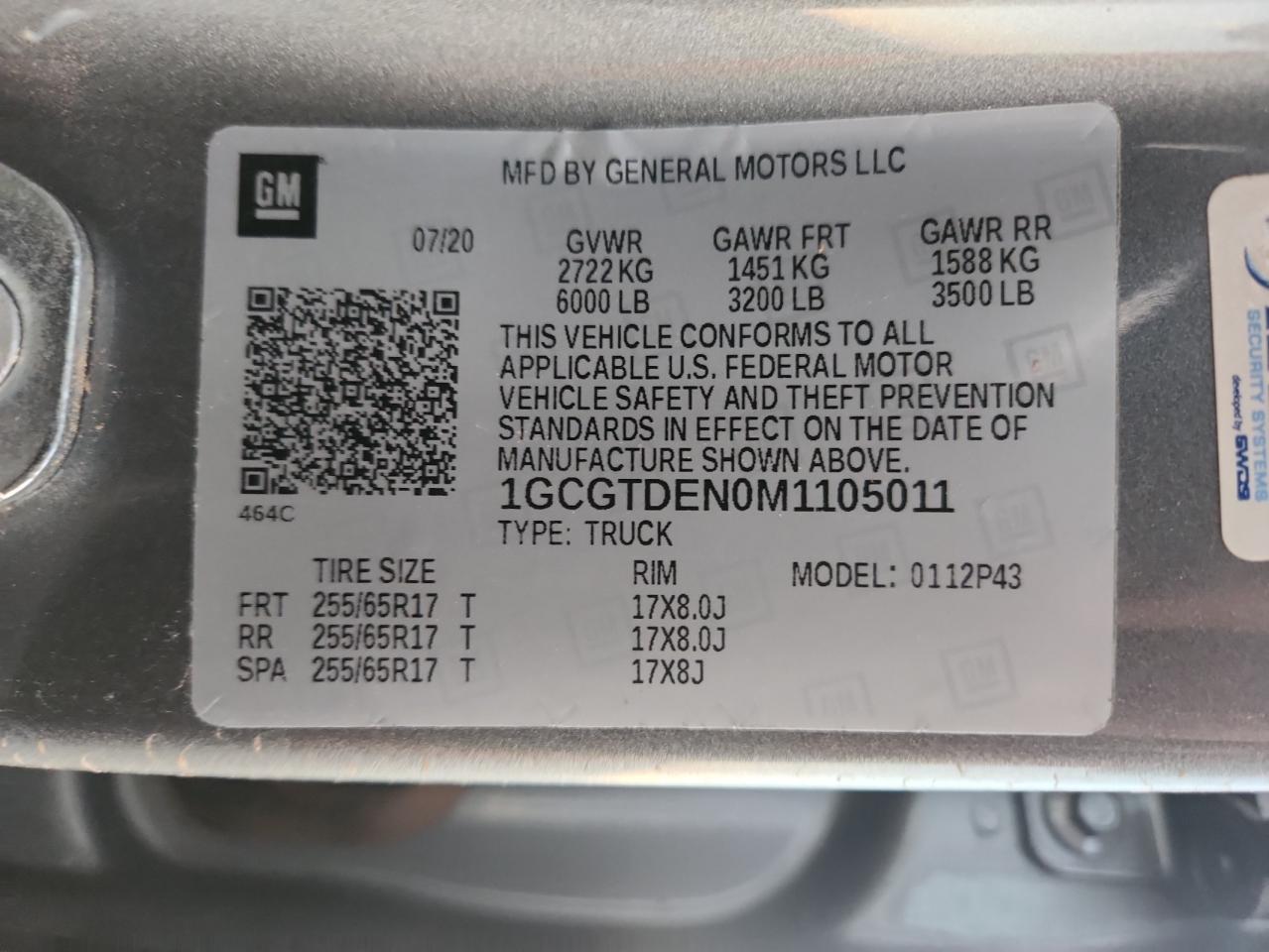 2021 Chevrolet Colorado Z71 VIN: 1GCGTDEN0M1105011 Lot: 91509325