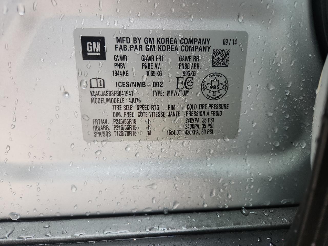 2015 Buick Encore VIN: KL4CJASB3FB041941 Lot: 92581935