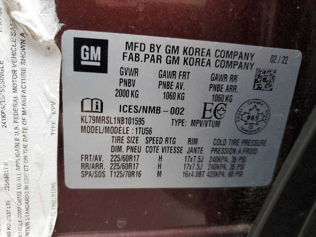 2022 Chevrolet Trailblazer Lt VIN: KL79MRSL1NB101595 Lot: 91801335