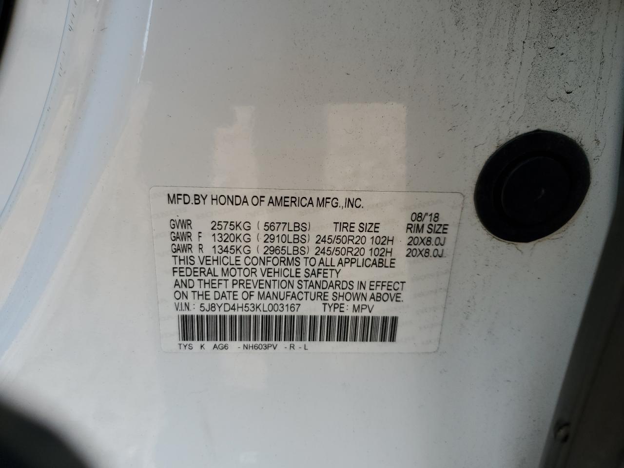 2019 Acura Mdx Technology VIN: 5J8YD4H53KL003167 Lot: 93618595