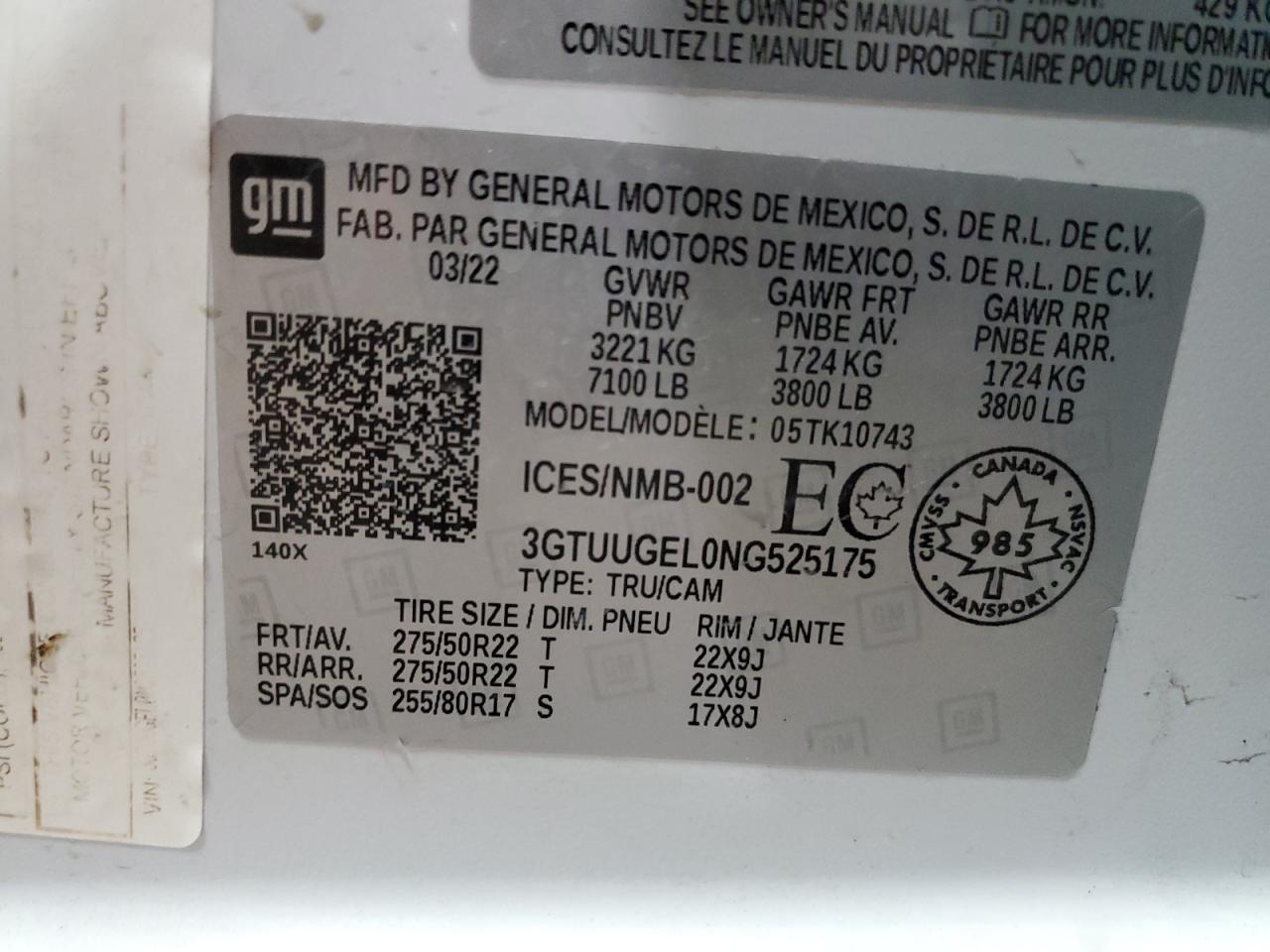 2022 GMC Sierra K1500 Denali VIN: 3GTUUGEL0NG525175 Lot: 91201665