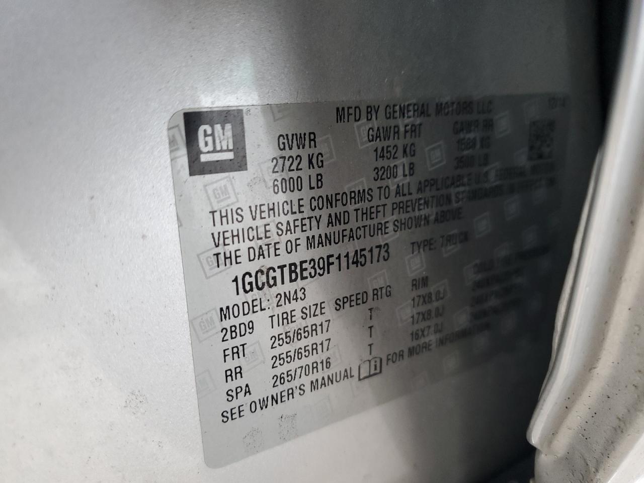 2015 Chevrolet Colorado Lt VIN: 1GCGTBE39F1145173 Lot: 93467085