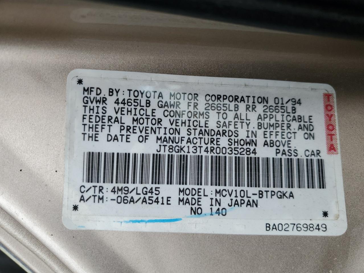 1994 Lexus Es 300 VIN: JT8GK13T4R0035284 Lot: 92478125