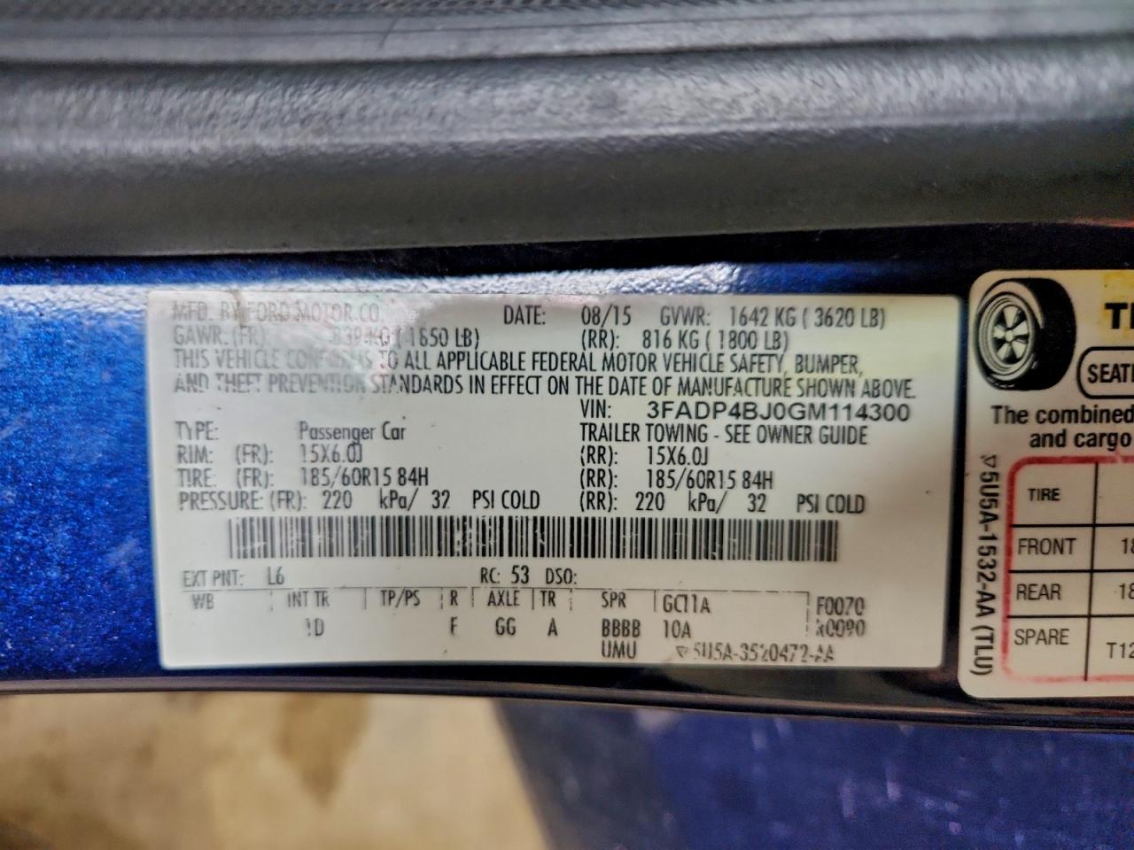 2016 Ford Fiesta Se VIN: 3FADP4BJ0GM114300 Lot: 94236615