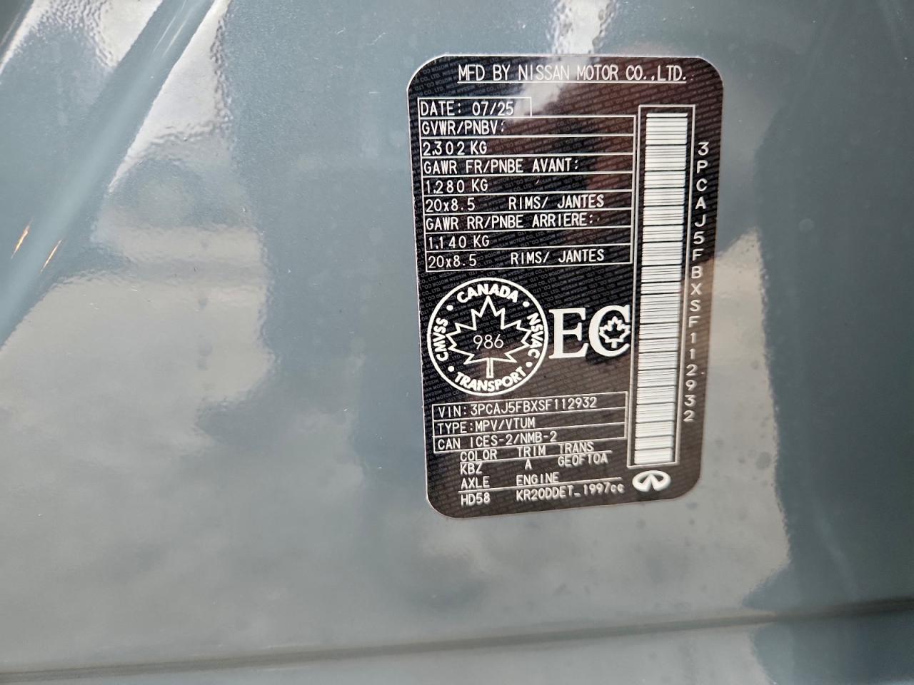 2025 Infiniti Qx50 Sport VIN: 3PCAJ5FBXSF112932 Lot: 93250615