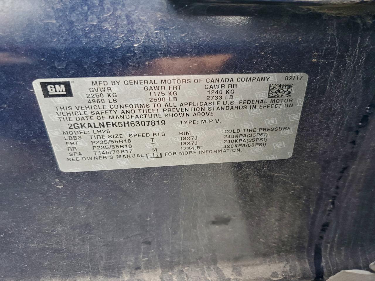 2017 GMC Terrain Sle VIN: 2GKALNEK5H6307819 Lot: 93197995