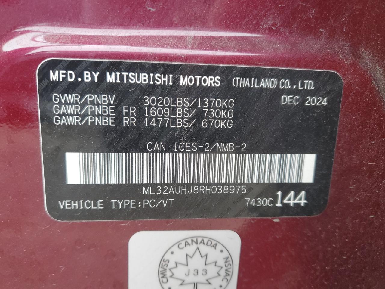 2024 Mitsubishi Mirage Es VIN: ML32AUHJ8RH038975 Lot: 91823265