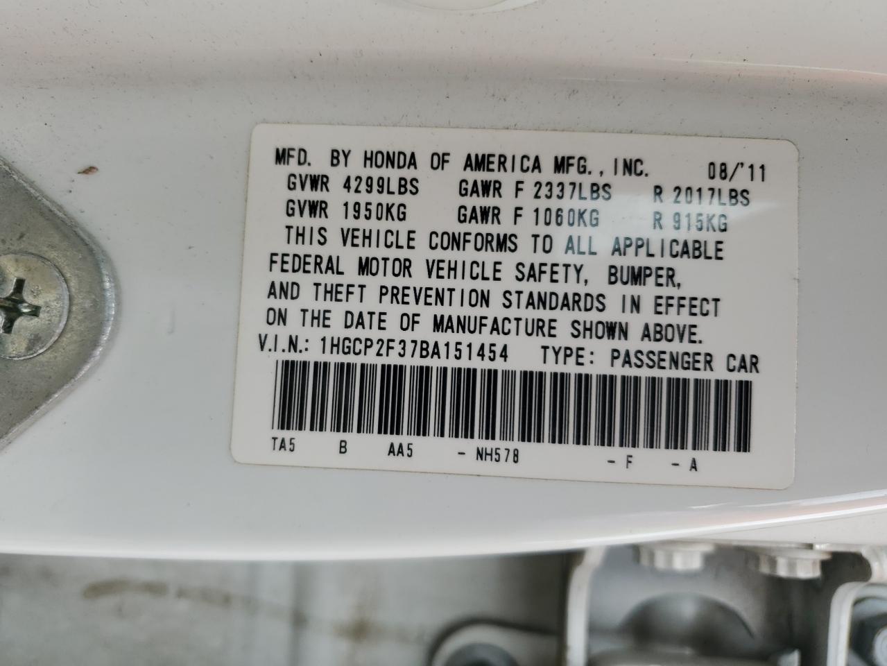 2011 Honda Accord Lx VIN: 1HGCP2F37BA151454 Lot: 93558525