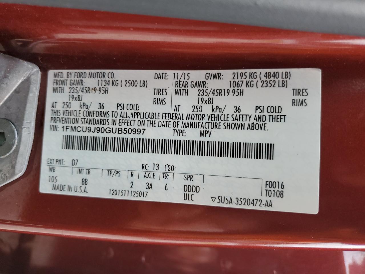 2016 Ford Escape Titanium VIN: 1FMCU9J90GUB50997 Lot: 93191615