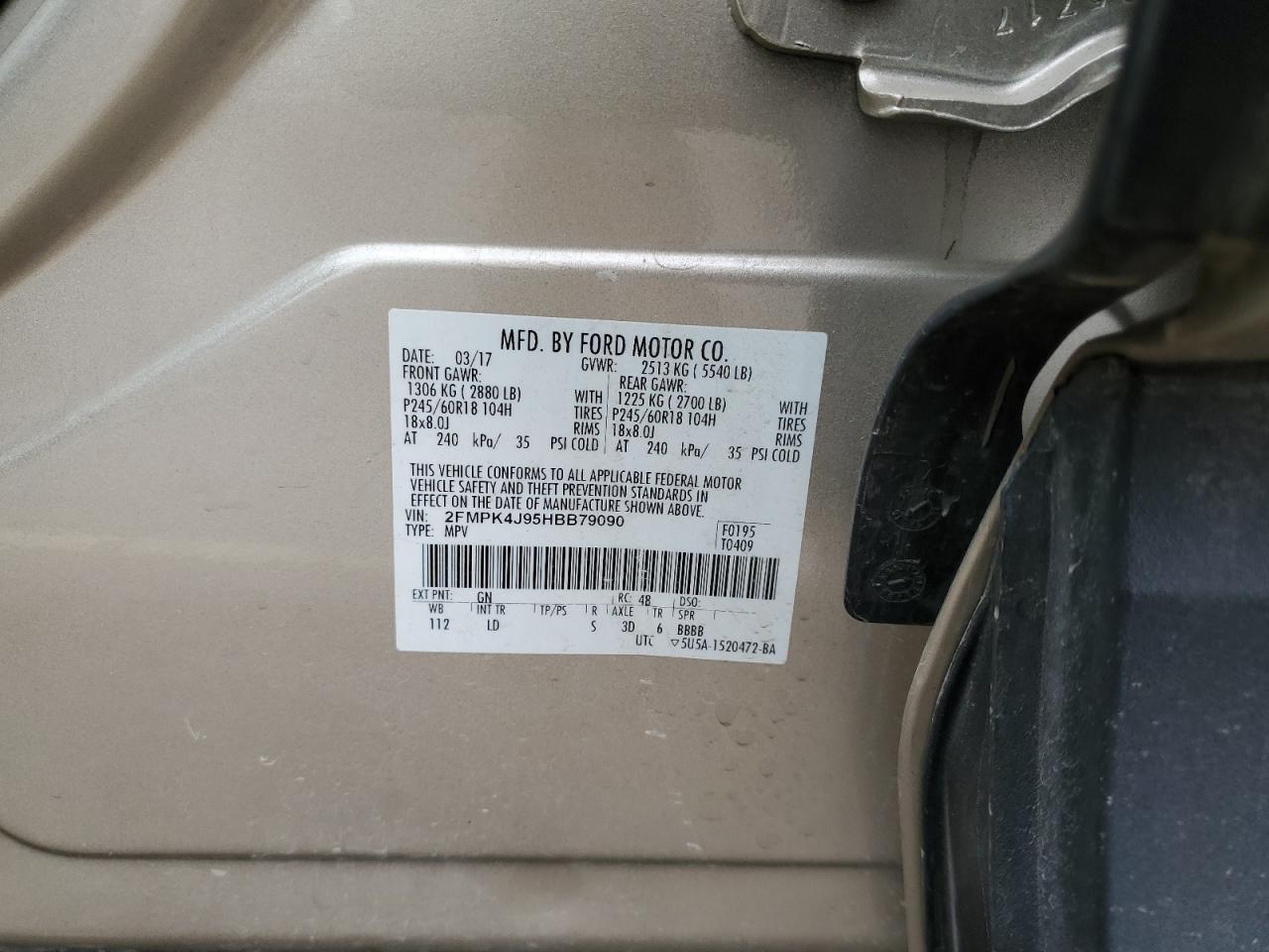 2017 Ford Edge Sel VIN: 2FMPK4J95HBB79090 Lot: 91486845