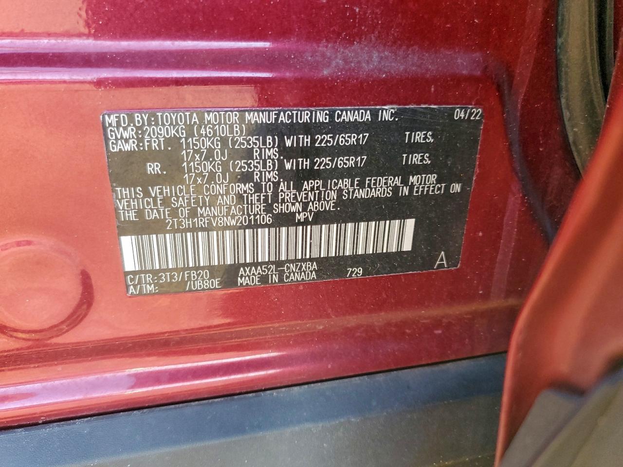 2022 Toyota Rav4 Le VIN: 2T3H1RFV8NW201106 Lot: 94708865