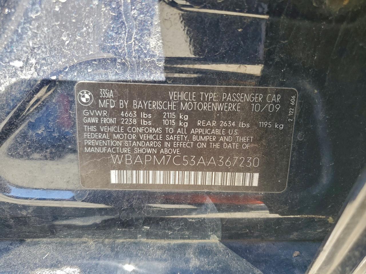 2010 BMW 335 I VIN: WBAPM7C53AA367230 Lot: 93612845