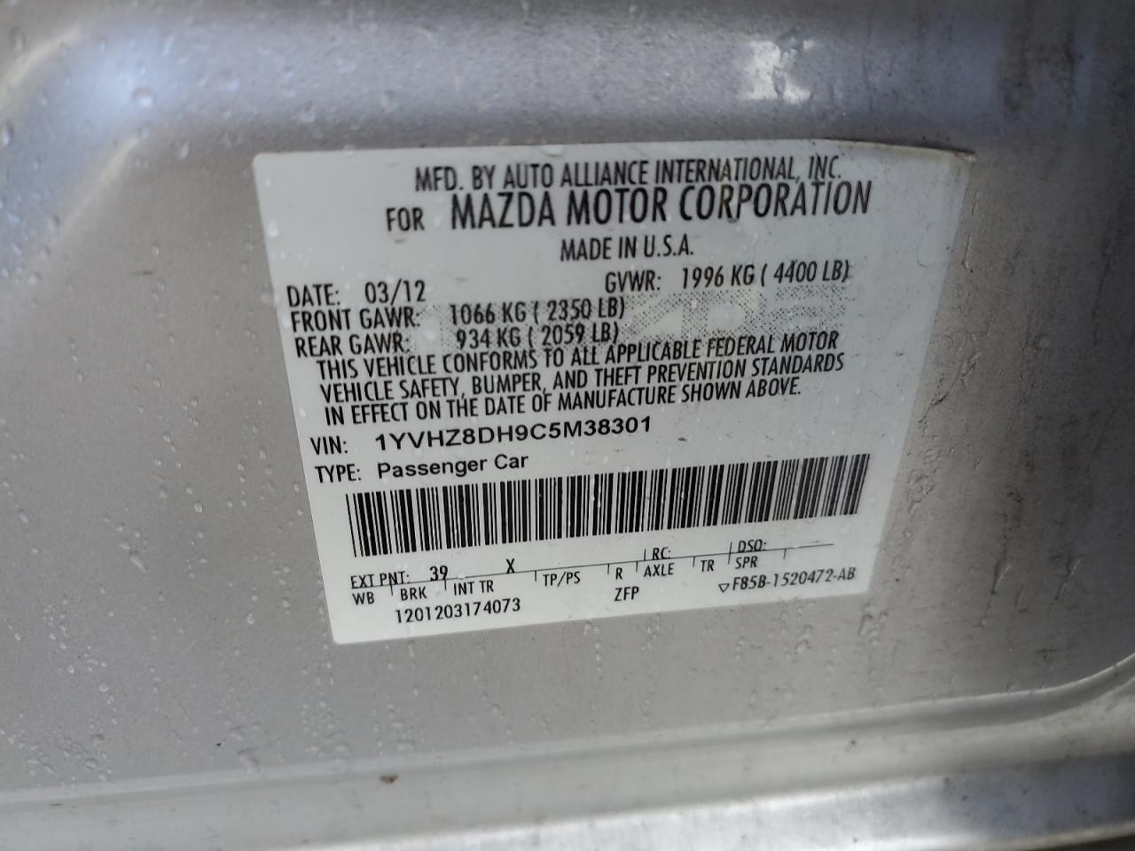 2012 Mazda 6 I VIN: 1YVHZ8DH9C5M38301 Lot: 92207955