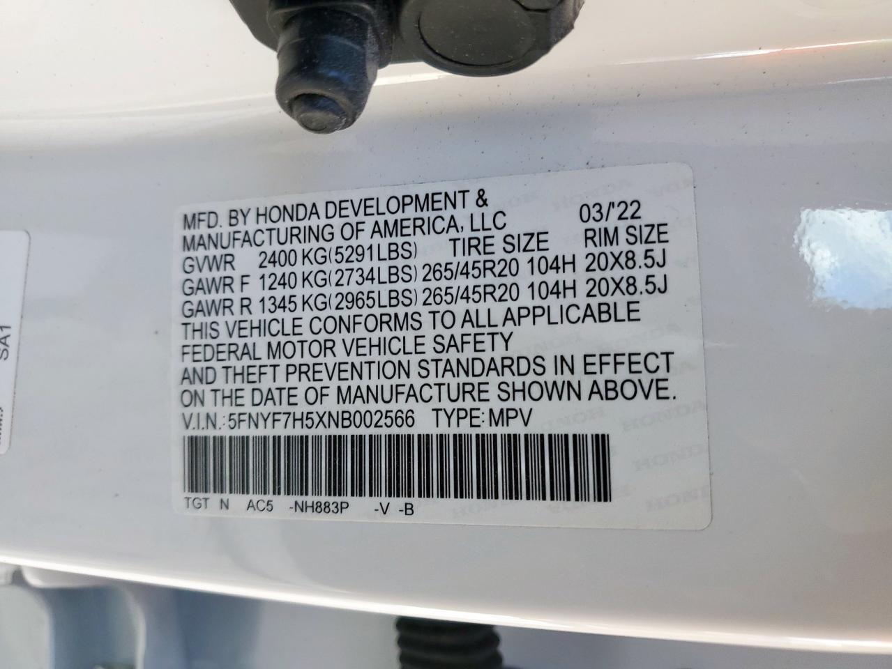 2022 Honda Passport Exl VIN: 5FNYF7H5XNB002566 Lot: 92637145