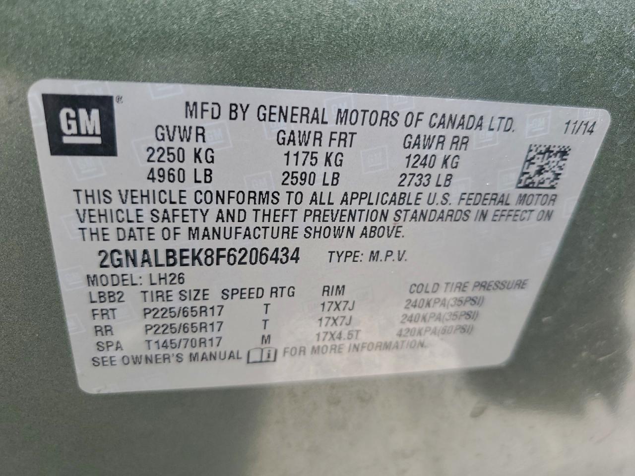 2015 Chevrolet Equinox Lt VIN: 2GNALBEK8F6206434 Lot: 94160695