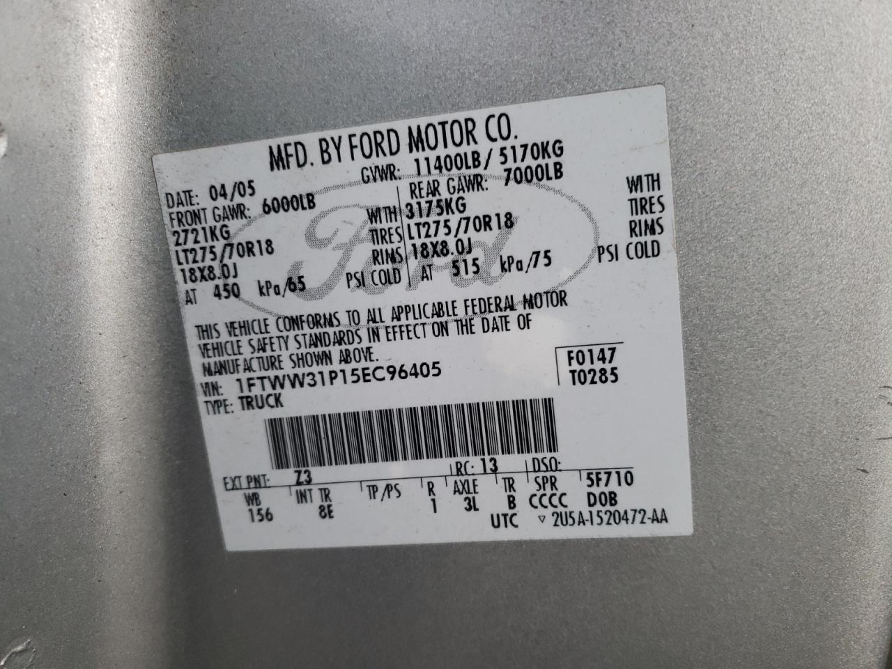 2005 Ford F350 Srw Super Duty VIN: 1FTWW31P15EC96405 Lot: 93390285
