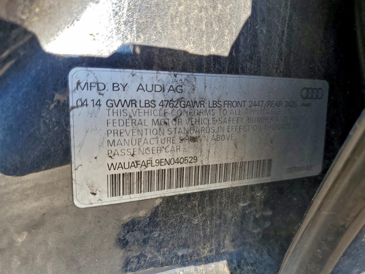 2014 Audi A4 Premium VIN: WAUAFAFL9EN040529 Lot: 94135175