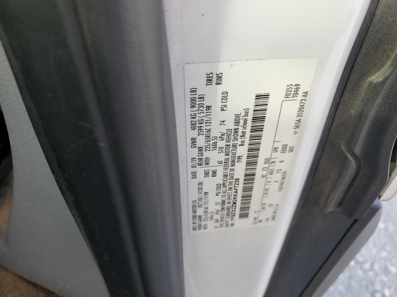 2019 Ford Transit T-350 VIN: 1FBZX2ZM2KKA47238 Lot: 93261665