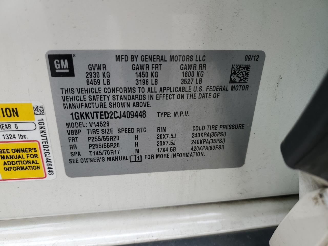 2012 GMC Acadia Denali VIN: 1GKKVTED2CJ409448 Lot: 91730715