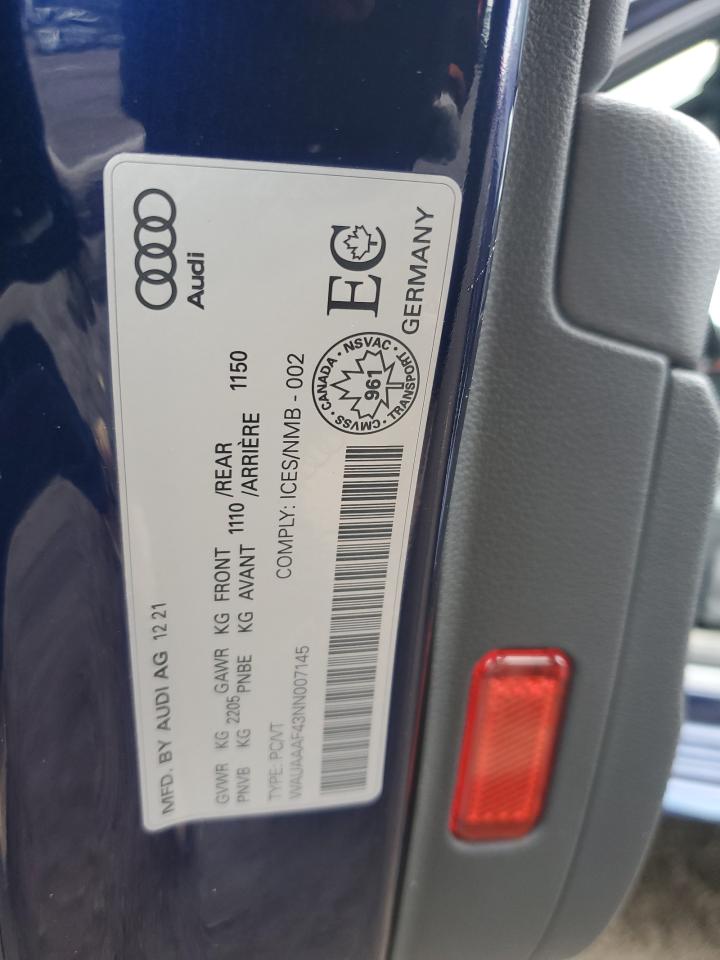 2022 Audi A4 Komfort 45 VIN: WAUAAAF43NN007145 Lot: 90707945