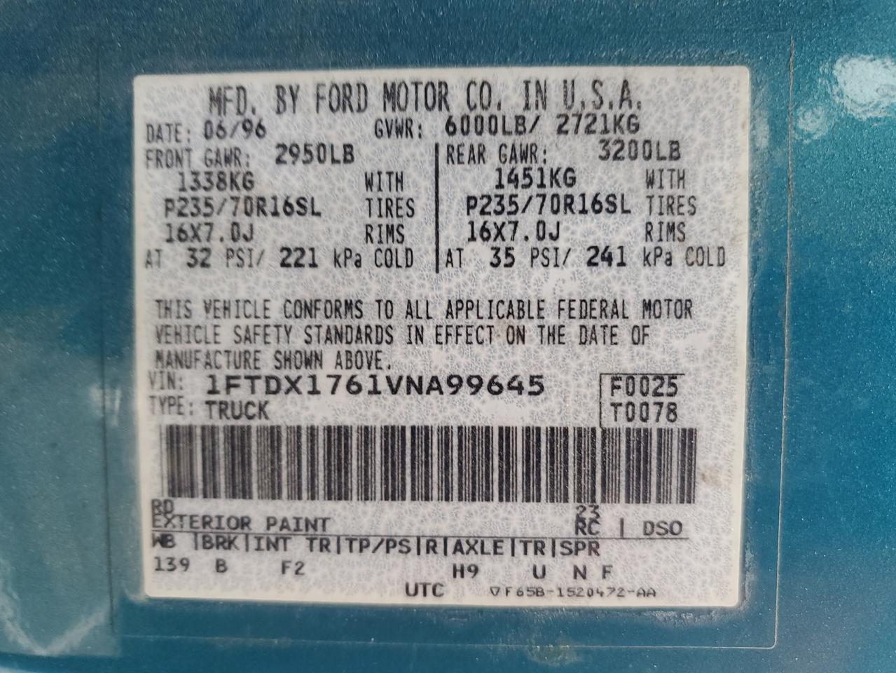 1997 Ford F150 VIN: 1FTDX1761VNA99645 Lot: 92947625