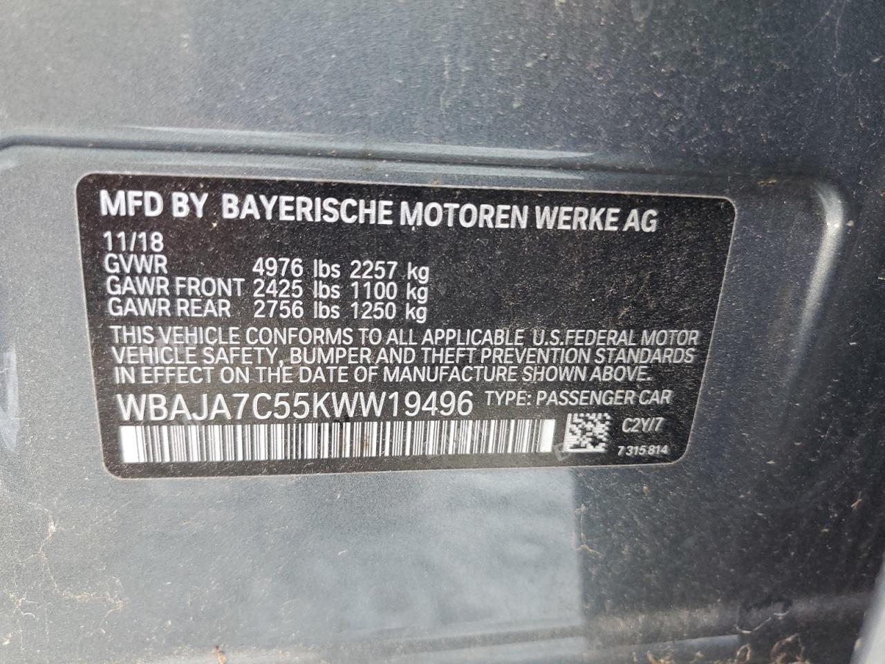 2019 BMW 530 Xi VIN: WBAJA7C55KWW19496 Lot: 92600265