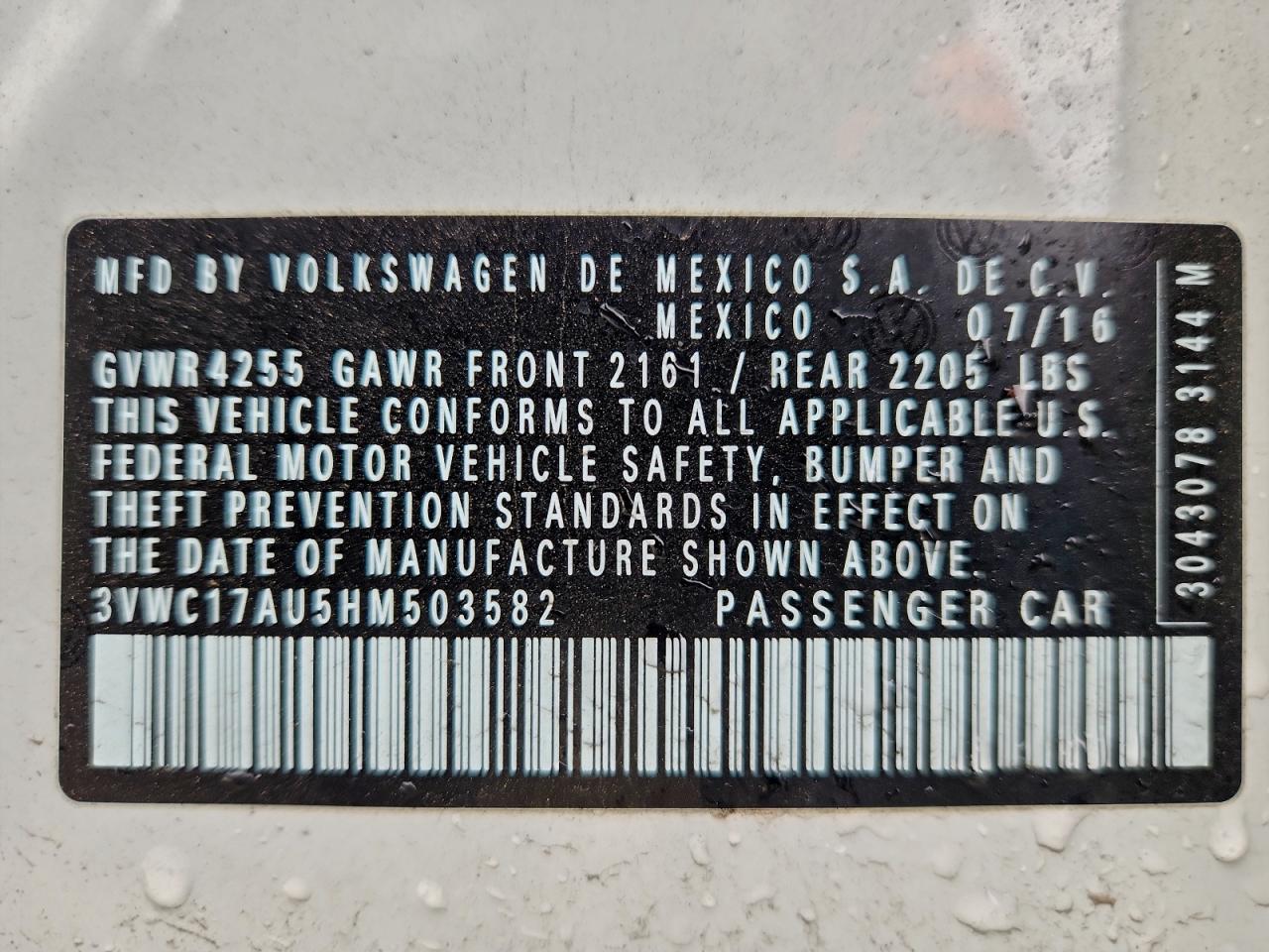 2017 Volkswagen Golf Sportwagen S VIN: 3VWC17AU5HM503582 Lot: 94192045