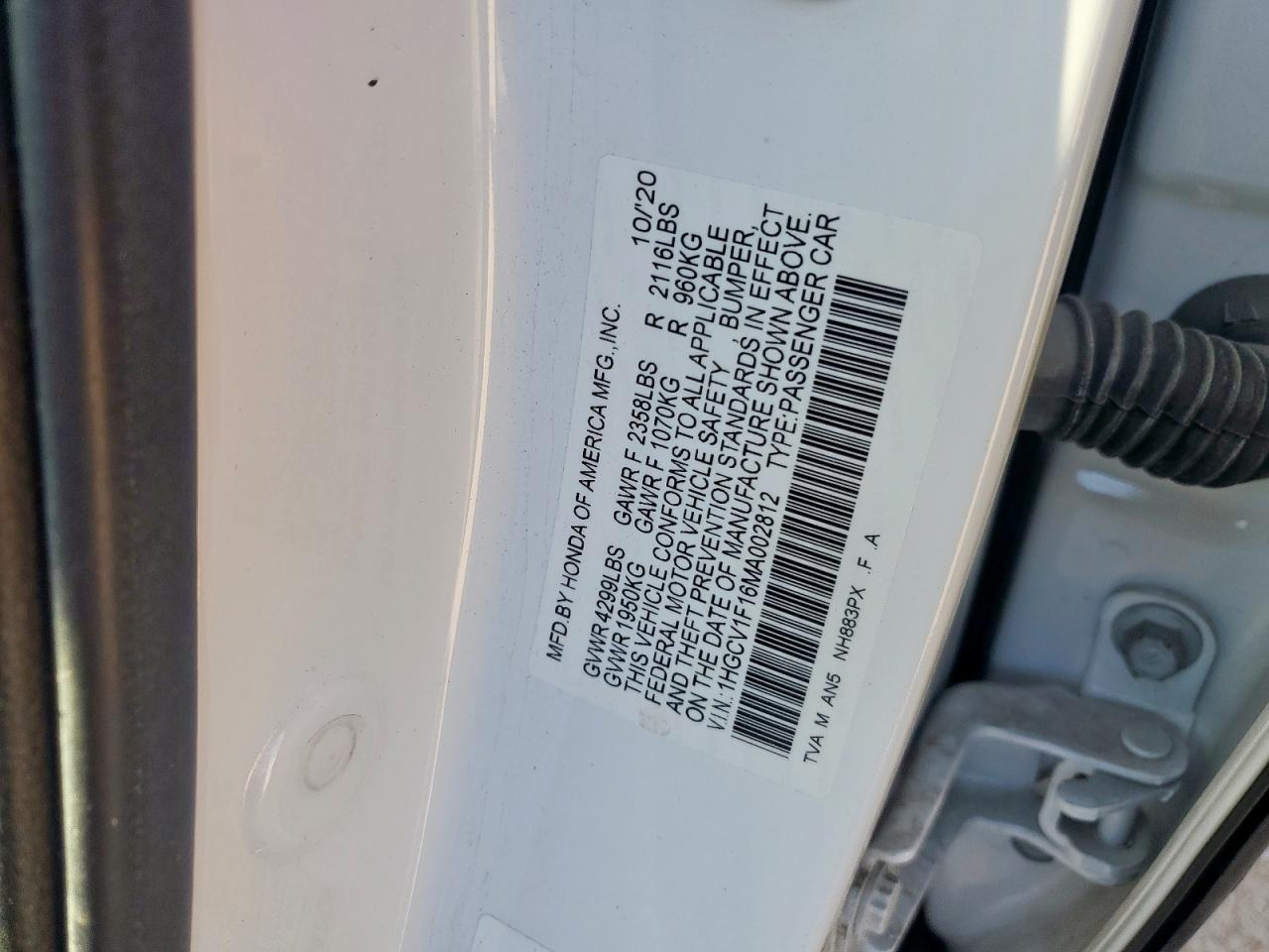 2021 Honda Accord Lx VIN: 1HGCV1F16MA002812 Lot: 91557955