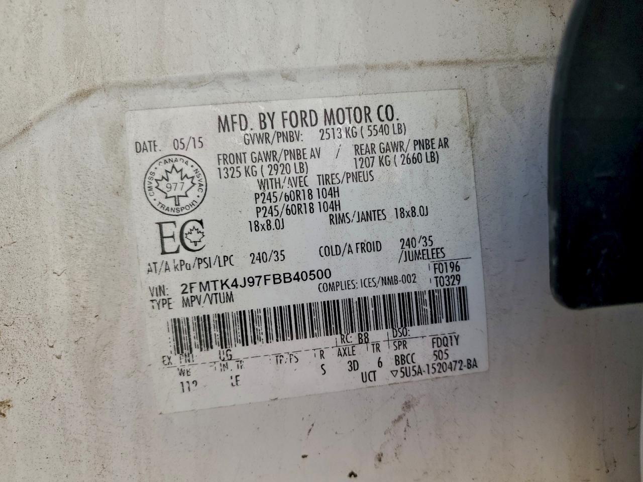 2015 Ford Edge Sel VIN: 2FMTK4J97FBB40500 Lot: 93696175