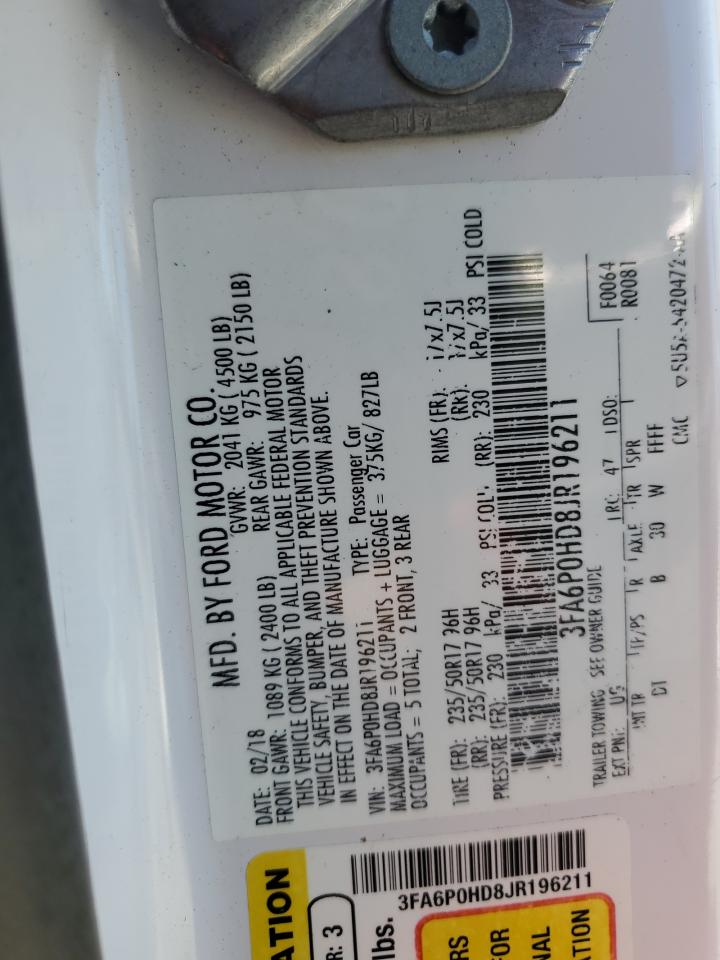 2018 Ford Fusion Se VIN: 3FA6P0HD8JR196211 Lot: 91231185