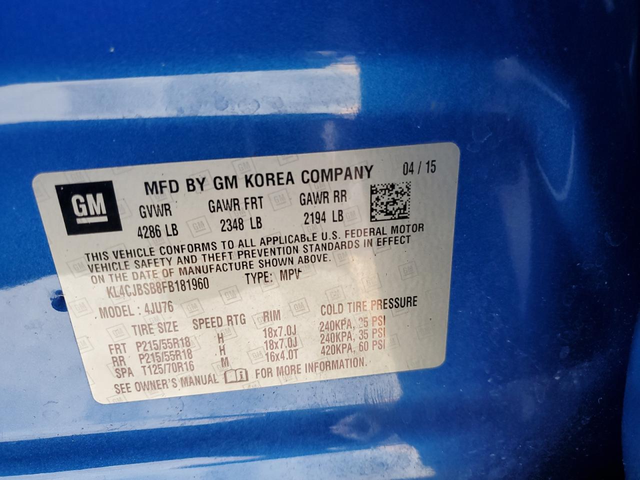 2015 Buick Encore Convenience VIN: KL4CJBSB8FB181960 Lot: 93704175