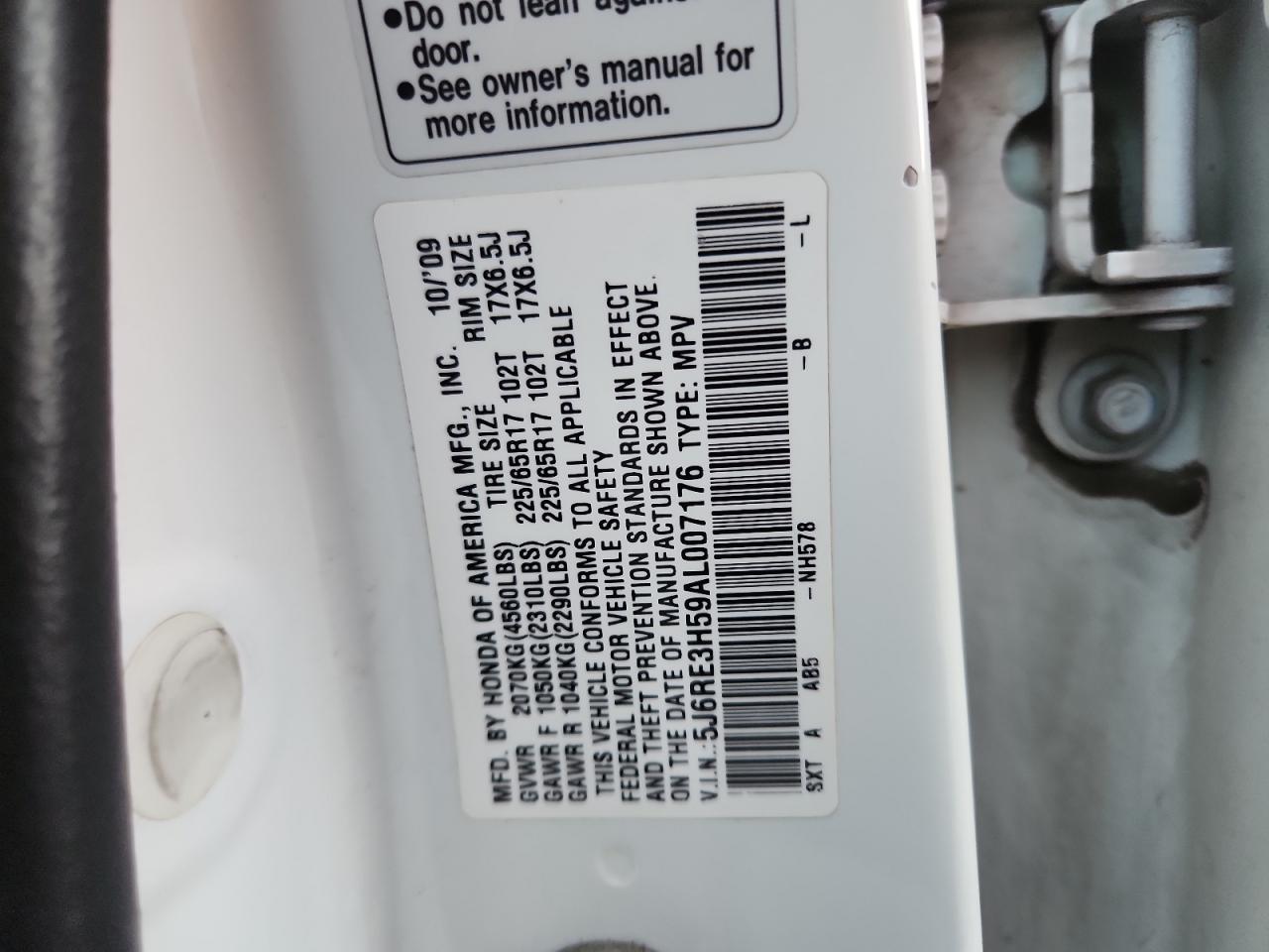 2010 Honda Cr-V Ex VIN: 5J6RE3H59AL007176 Lot: 91211205