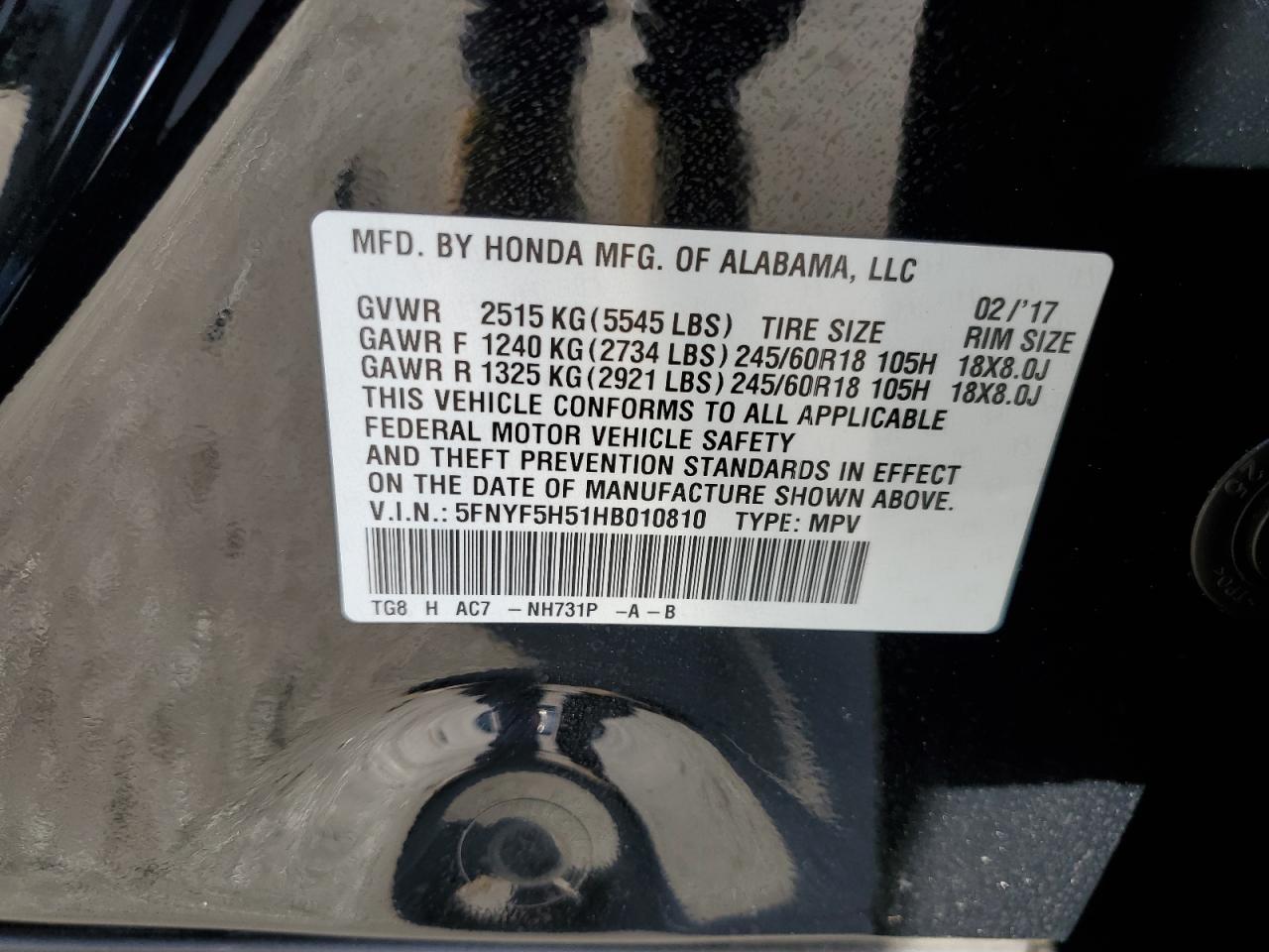 2017 Honda Pilot Exl VIN: 5FNYF5H51HB010810 Lot: 91127715