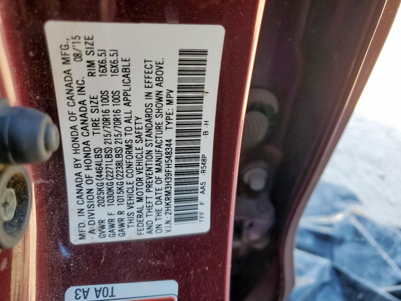 2015 Honda Cr-V Lx VIN: 2HKRM3H39FH548344 Lot: 91660155