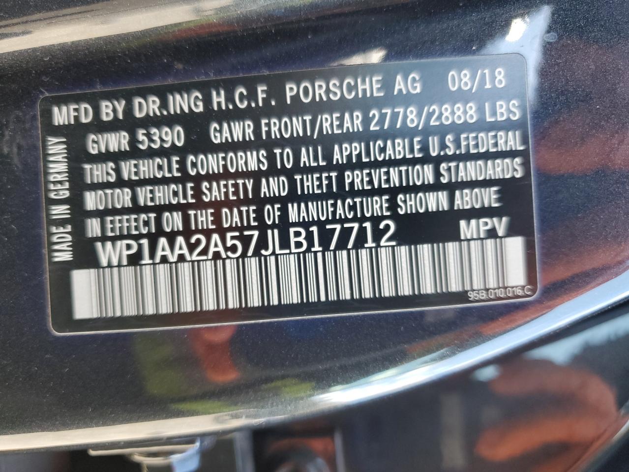 2018 Porsche Macan VIN: WP1AA2A57JLB17712 Lot: 91634535