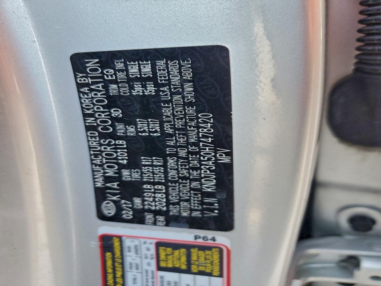 2017 Kia Soul + VIN: KNDJP3A50H7478420 Lot: 94703875