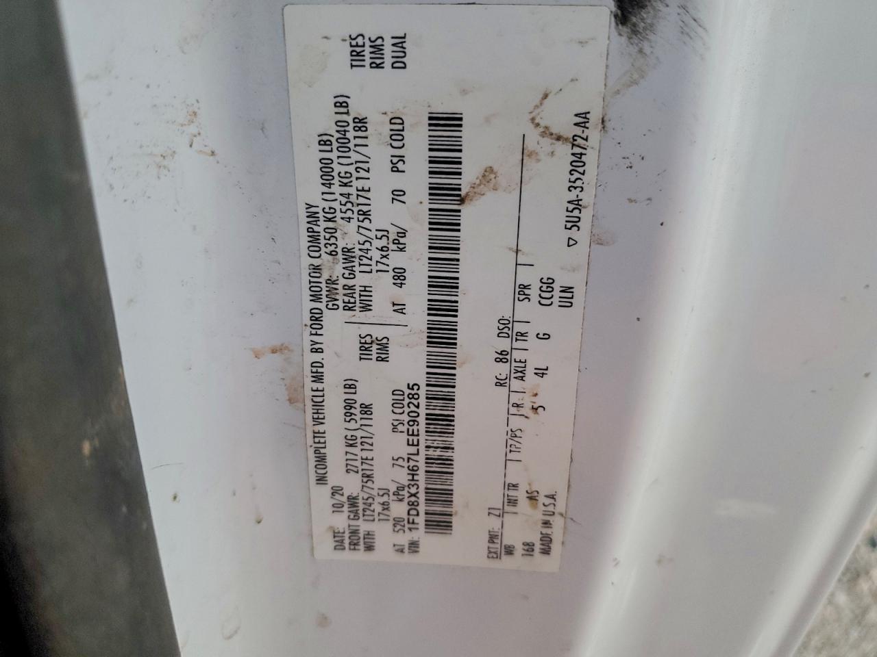 2020 Ford F350 Super Duty Utility / Service Truck VIN: 1FD8X3H67LEE90285 Lot: 90996015