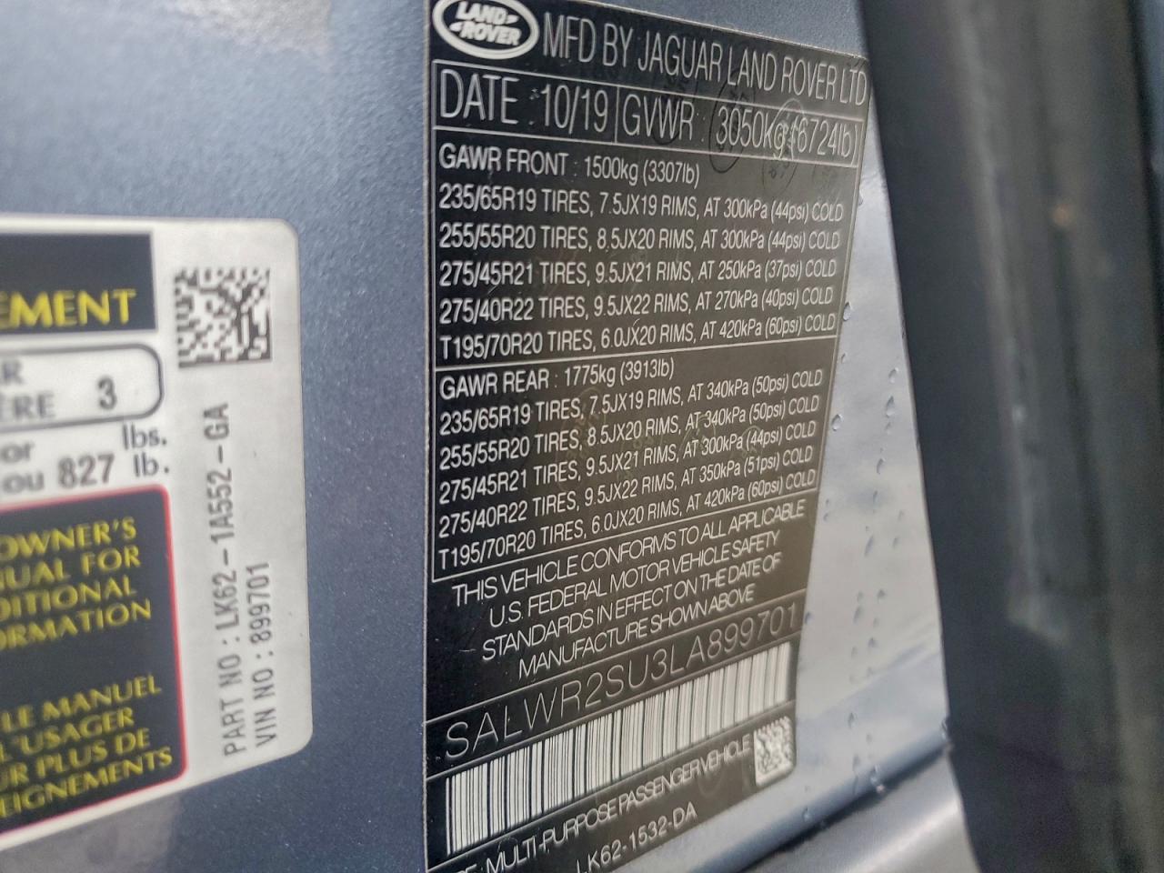 2020 Land Rover Range Rover Sport Hse VIN: SALWR2SU3LA899701 Lot: 94448575