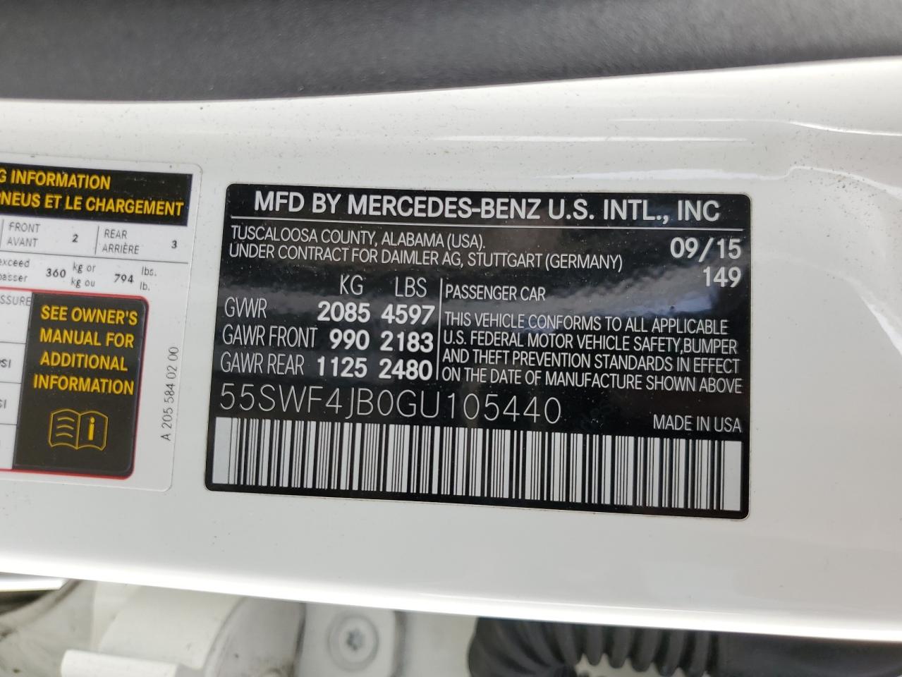 2016 Mercedes-Benz C 300 VIN: 55SWF4JB0GU105440 Lot: 90869615