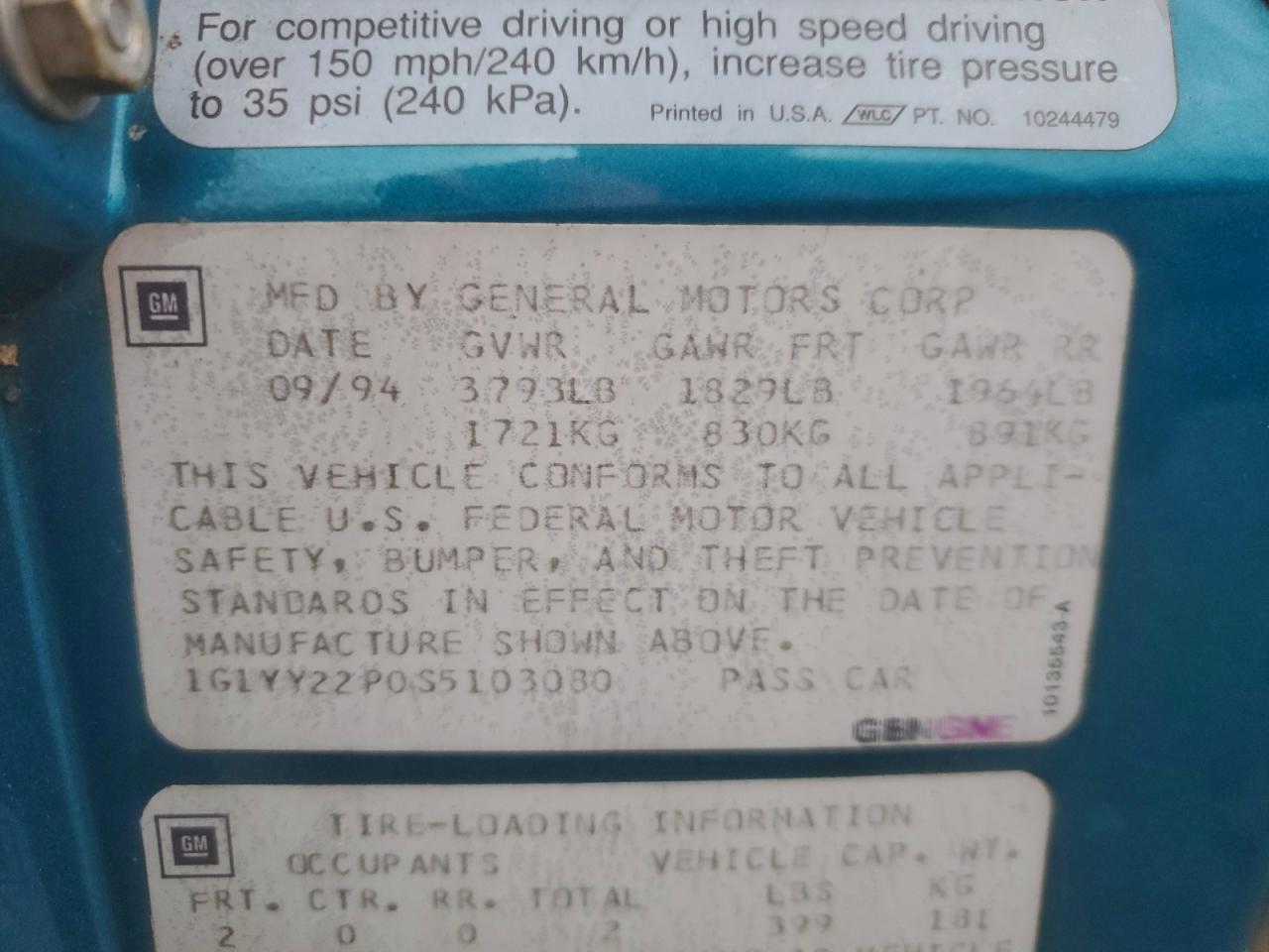 1995 Chevrolet Corvette VIN: 1G1YY22P0S5103080 Lot: 93837265