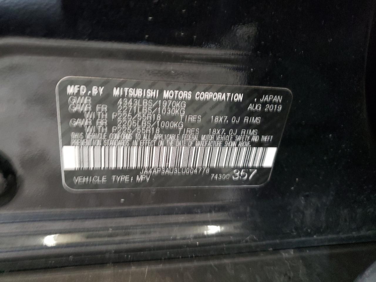 2020 Mitsubishi Outlander Sport Es VIN: JA4AP3AU3LU004778 Lot: 91980675