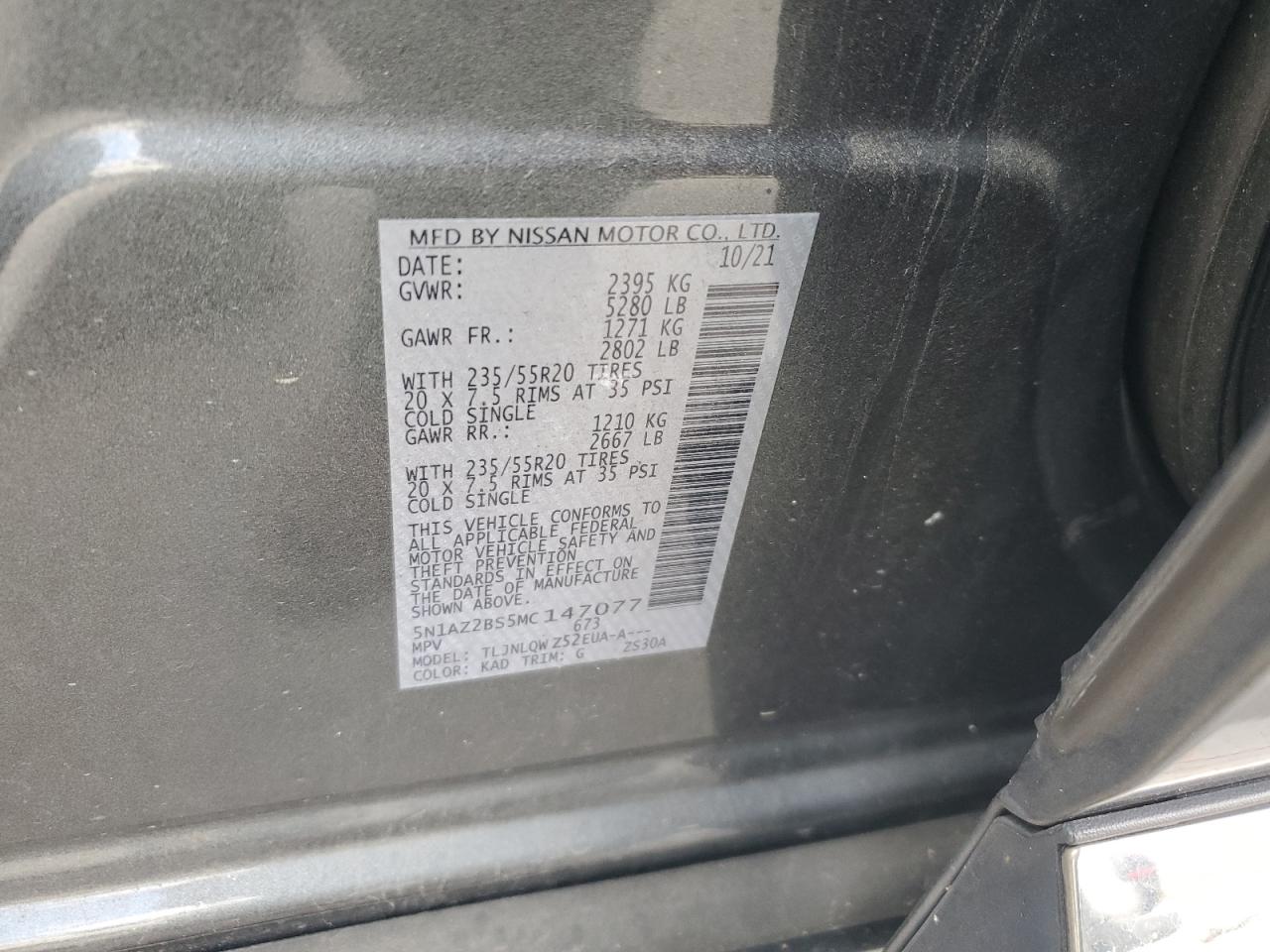 2021 Nissan Murano Sv VIN: 5N1AZ2BS5MC147077 Lot: 92221735