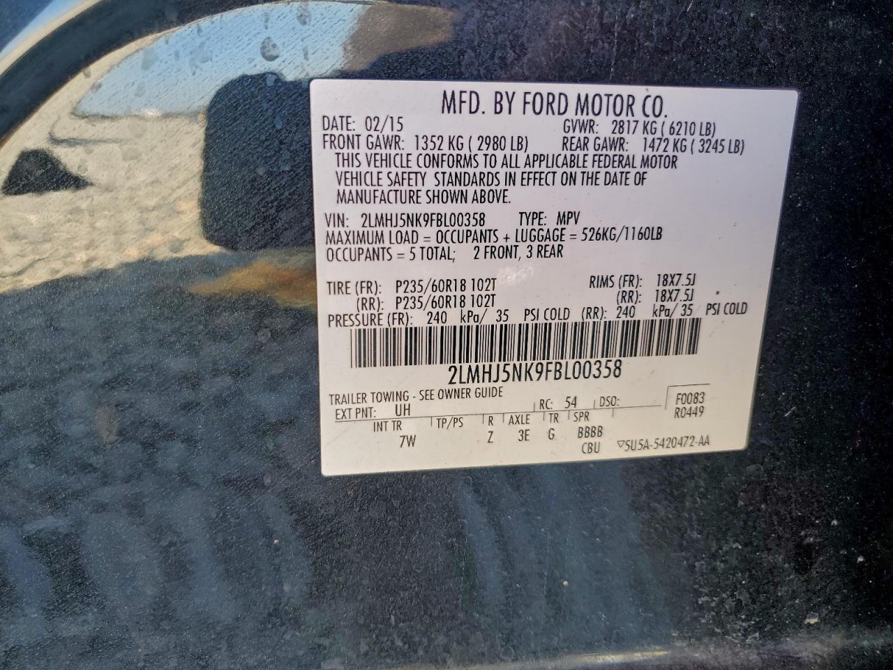 2015 Lincoln Mkt VIN: 2LMHJ5NK9FBL00358 Lot: 93540945