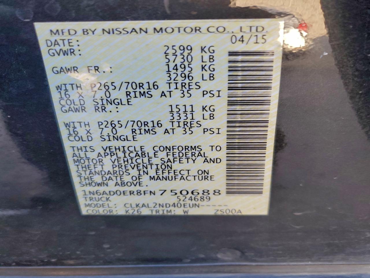 2015 Nissan Frontier S VIN: 1N6AD0ER8FN750688 Lot: 94500855