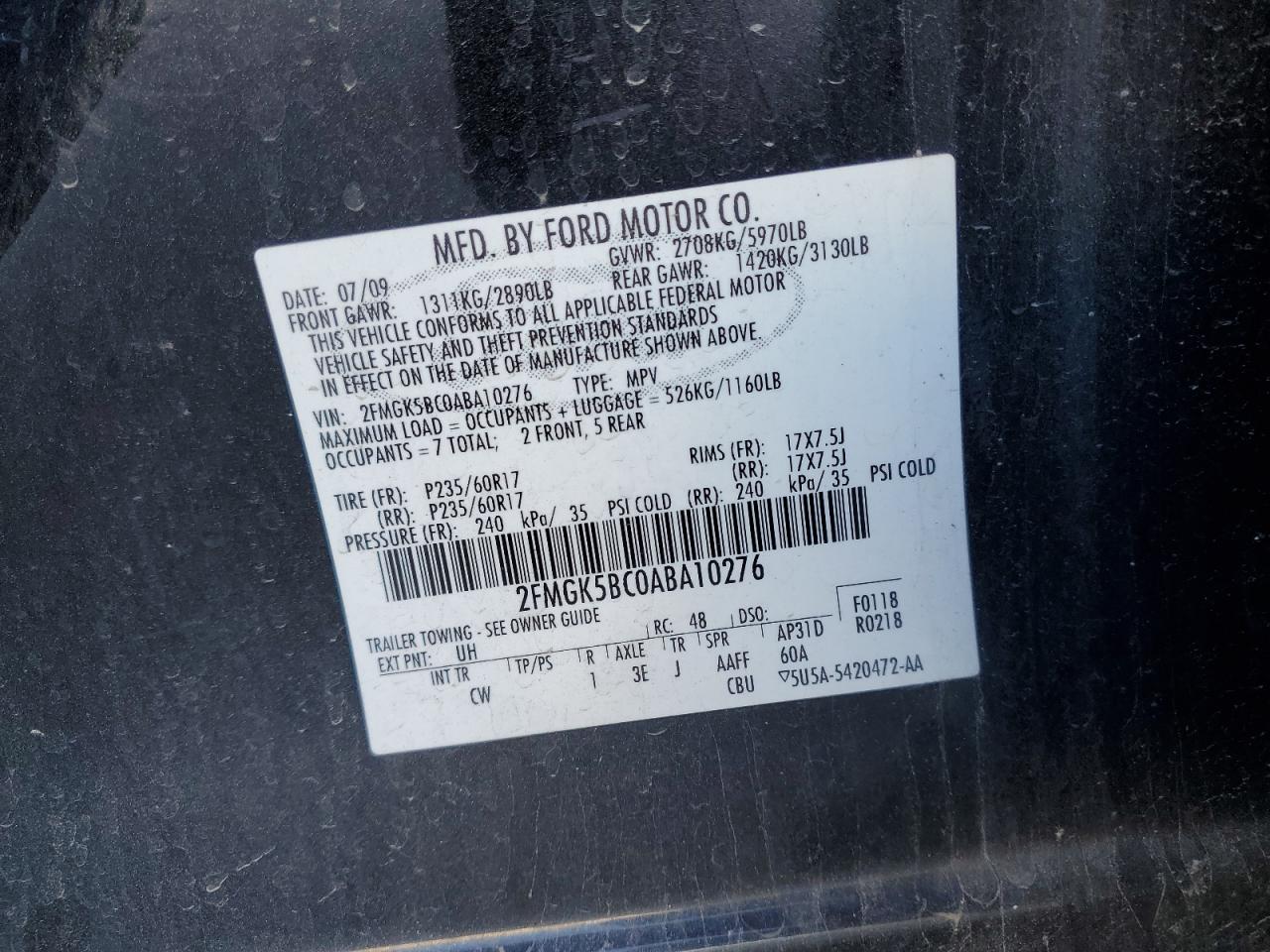 2010 Ford Flex Se VIN: 2FMGK5BC0ABA10276 Lot: 91164845