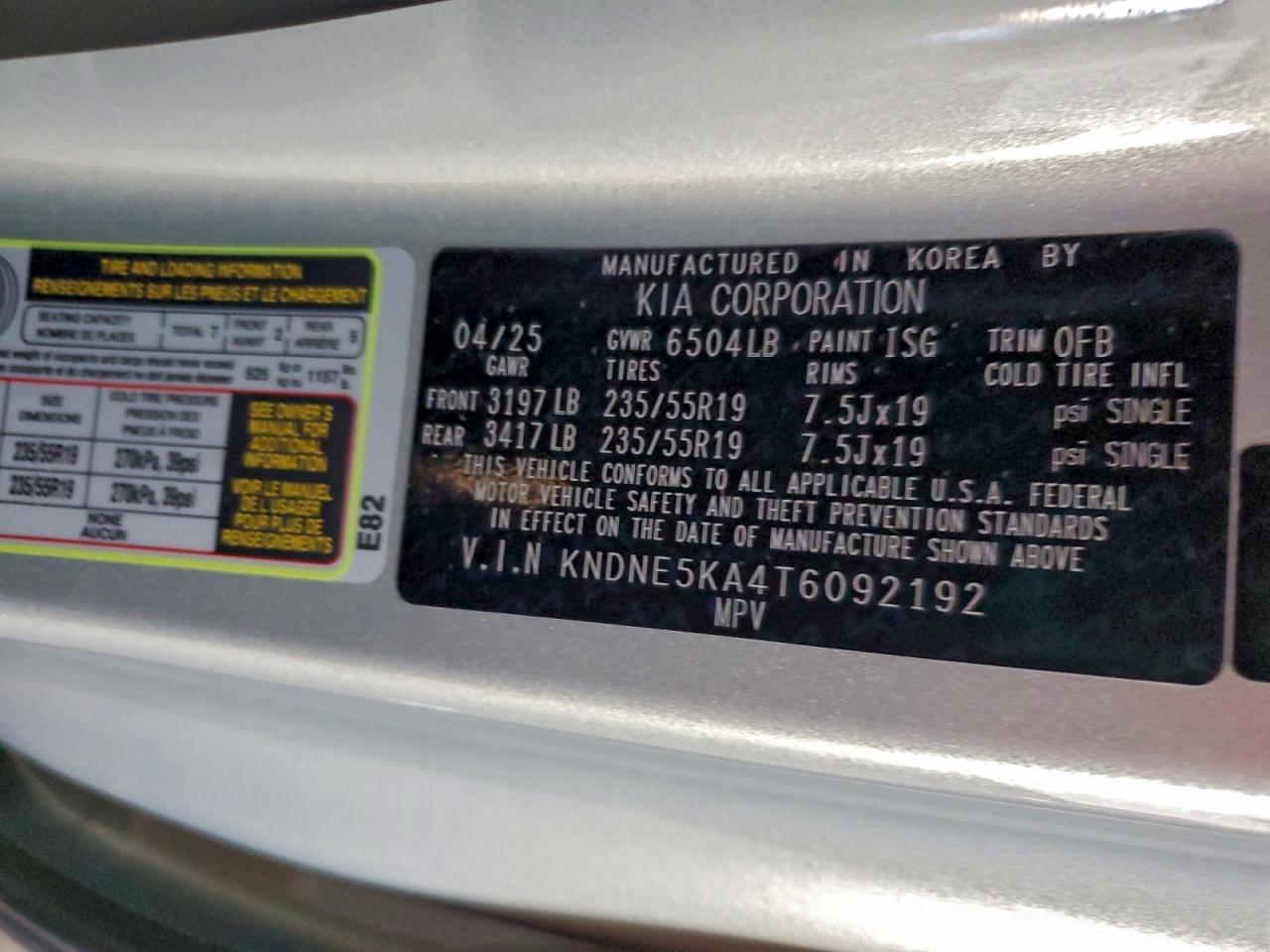 2026 Kia Carnival Sx VIN: KNDNE5KA4T6092192 Lot: 94536765