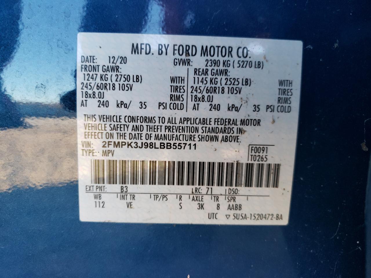 2020 Ford Edge Sel VIN: 2FMPK3J98LBB55711 Lot: 93189345