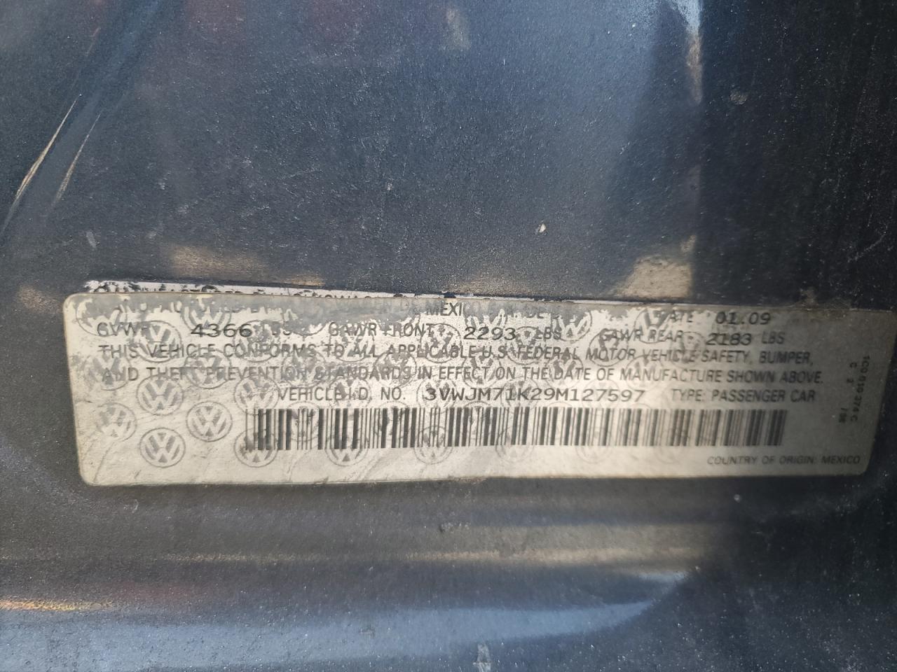 2009 Volkswagen Jetta S VIN: 3VWJM71K29M127597 Lot: 92673795