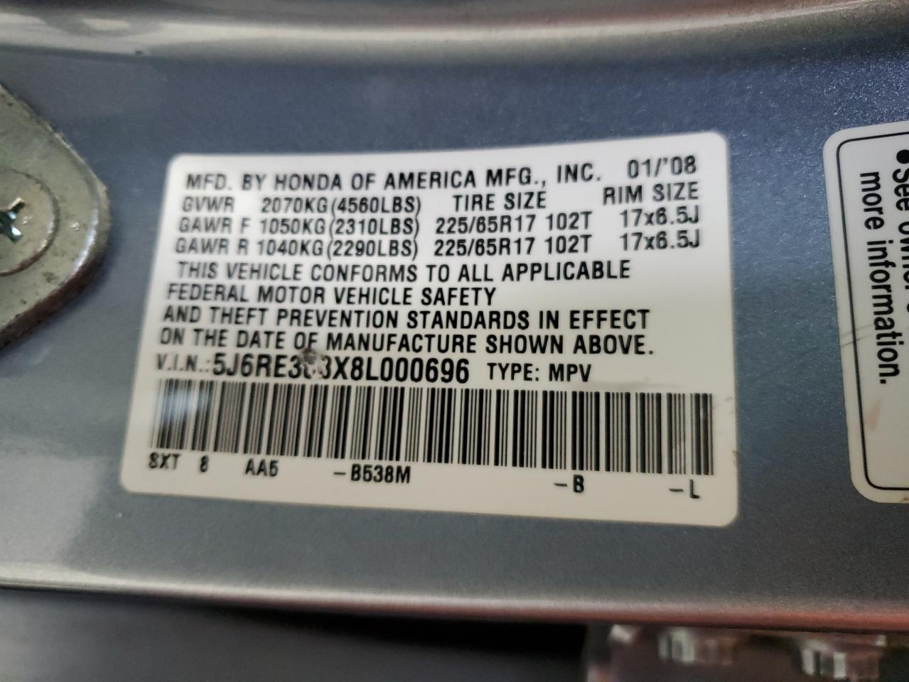 2008 Honda Cr-V Lx VIN: 5J6RE383X8L000696 Lot: 92260405